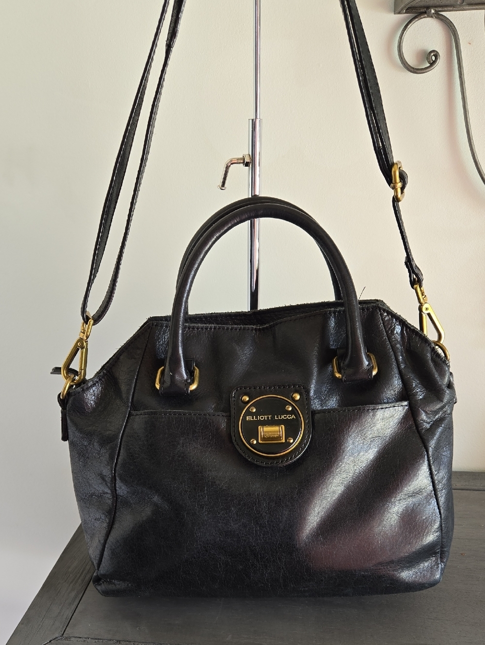 Elliott Lucca Black Leather Satchel with Gold Hardware